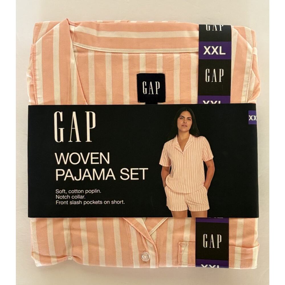 Gap  Pajama Short Set Woven Pink White Stripe Poplin Cotton Notch Collar XXL